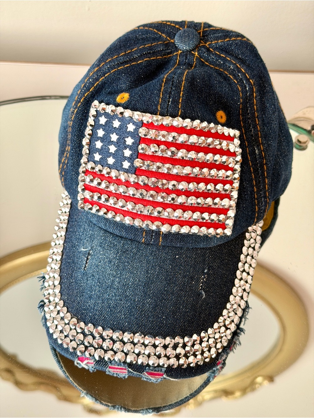 NWoT USA America National Flag Baseball Hat Denim Distressed Rhinestone Cap